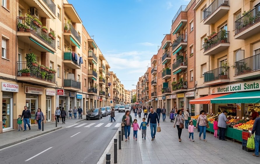 Vistas de las calles residenciales, comercios locales y el barrio de Santa Rosa en Mollet del Vallès